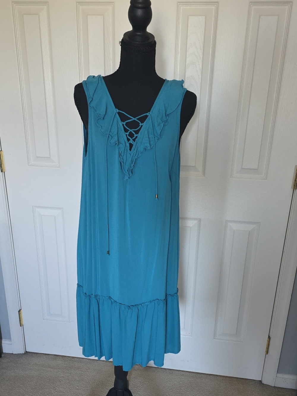 Time and Tru Teal Rayon V-Neck Dress with Ruffle Hem
